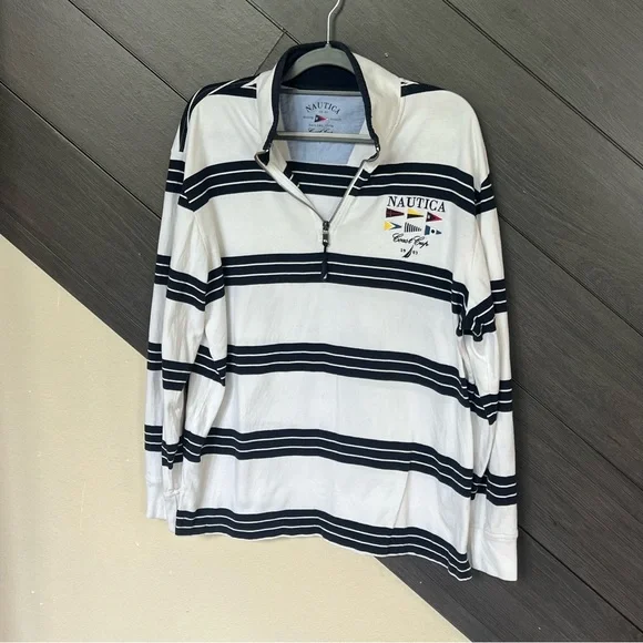 Nautica Navy and White Striped Quarter-Zip Polo Long Sleeve‎ - Picture 2 of 6